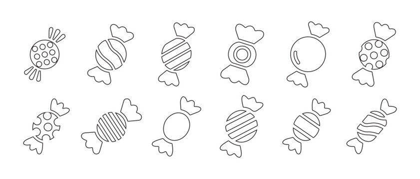 Candy icons set. with various wrapper patterns in minimalist black line art style on white background.