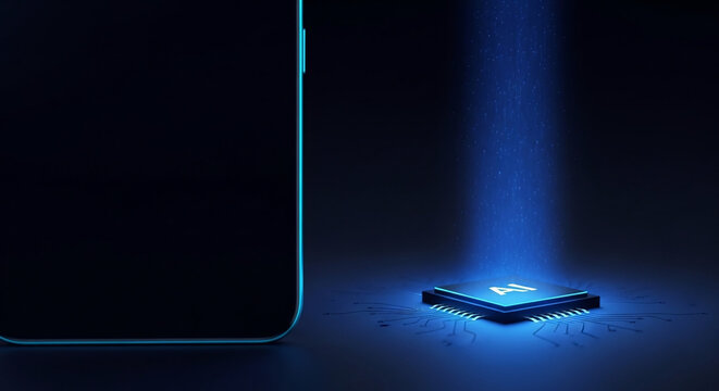 Futuristic AI microprocessor with glowing blue circuits and a data light beam placed next to a sleek smartphone silhouette for advanced tech themes.
