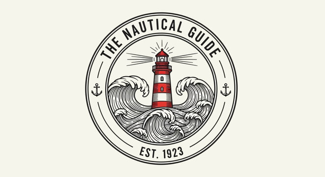 Lighthouse on waves nautical guide logo.