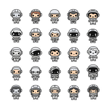 Diverse cartoon astronauts in space suits.