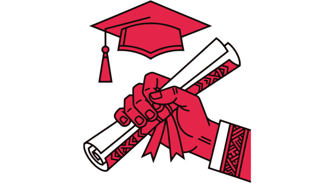 Graduation cap and diploma scroll held by a hand.