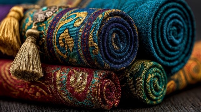 Stack of vibrant embroidered silk saris and colorful fabric rolls