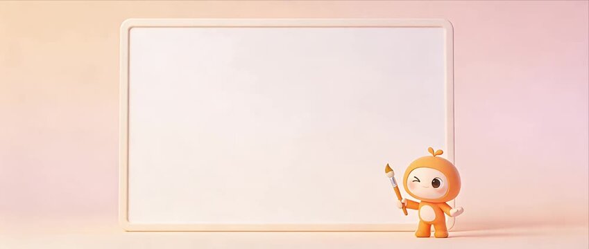Cute character whiteboard pastel background orange costume cartoon mascot digital art blank space copy space 3d render holding brush smiling winking playful illustration creative design presentation