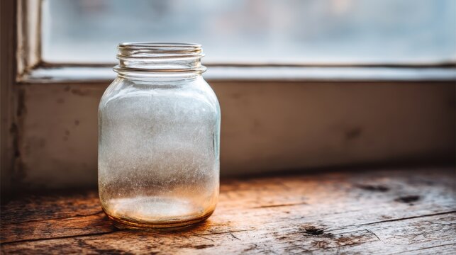 An old glass jar coated in a thin layer of dust sits on a weathered wooden surface near a window
