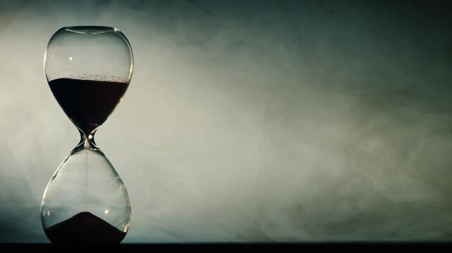 Hourglass with flowing sand and swirling smoke against dark background.