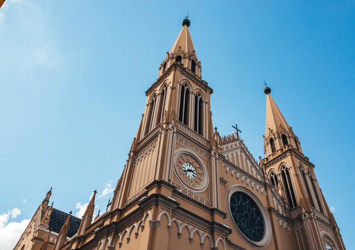 Curitiba Cathedral Gothic Towers Against Blue Sky