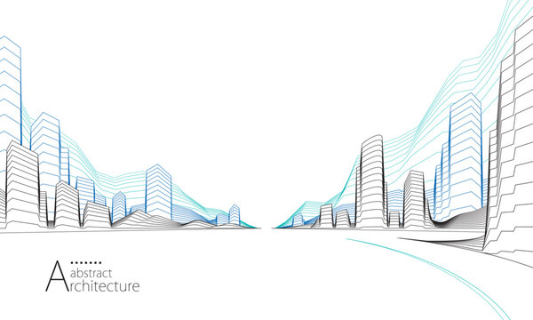 An urban landscape showcasing imaginative and abstract architectural line art.