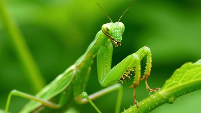 A close-up shot of a bright green praying mantis perched on a vibrant, leafy stem
