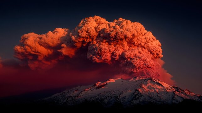 Fiery volcanic eruption expels dramatic ash cloud above snow-capped mountain peak