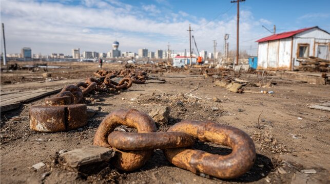 Massive Rusted Metal Chain Links Broken and Scattered in Industrial Urban Landscape