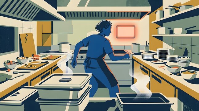 Culinary Dynamics: A dedicated culinary artist navigates a bustling professional kitchen, surrounded by a symphony of cooking tools and ingredients, embodying the art of gastronomy.