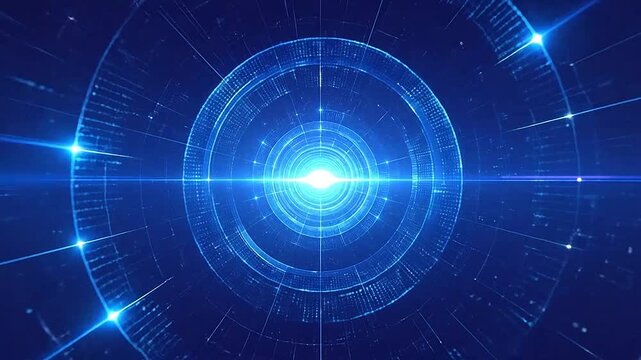 A glowing blue digital tunnel with circular light patterns and data lines