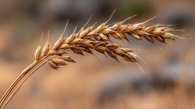 Close up of a single ripe golden wheat grain spike on a blurred agricultural background