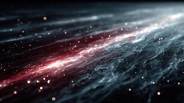 Striking abstract background with soft‑edged out‑of‑focus red and white light streaks intersecting on heavily distressed dark scratched grainy surface, thin linear scratches and tiny bright flecks