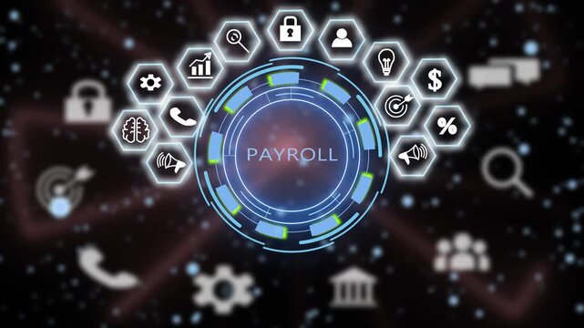 Digital payroll management system interface featuring animated hexagonal and financial data processing technology for corporate human resources and accounting software