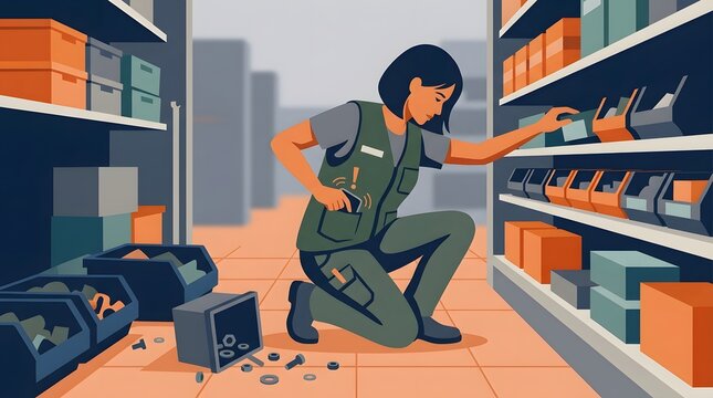 Stocktaking in Storage: A focused warehouse employee diligently organizing and inventorying supplies, surrounded by neatly stacked shelves. capturing the essence of efficiency and productivity