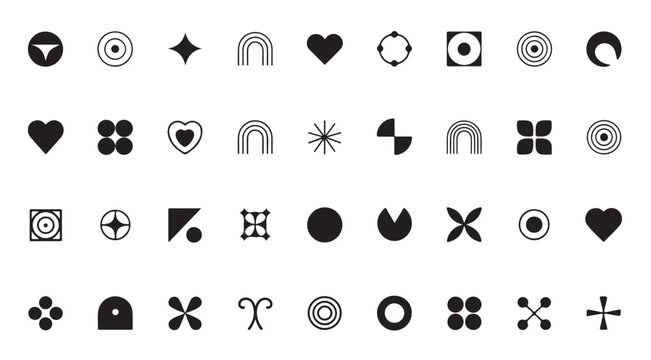 Abstract geometric shape collection featuring hearts rainbows circles and modern linear icons.
