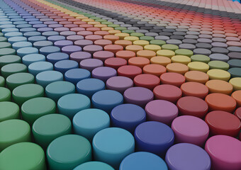 Obraz premium Colorful cylindrical objects in rows 3d render with gradient color scheme high quality professional detailed modern