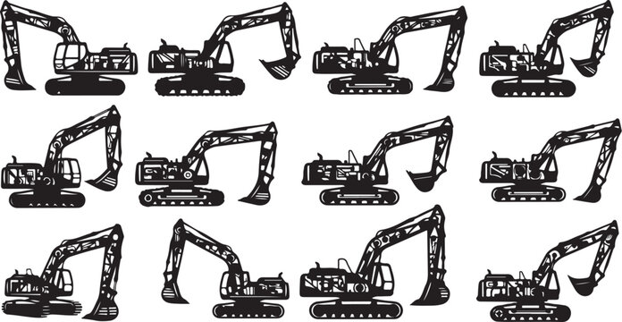 Various Excavator Machines in Different Positions Illustration