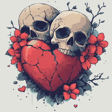 A striking artwork featuring two skulls entwined with a cracked heart and flowers, symbolizing love and mortality.