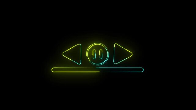 4K animation of yellow and blue neon media player icons with pause button and navigation arrows on black background.