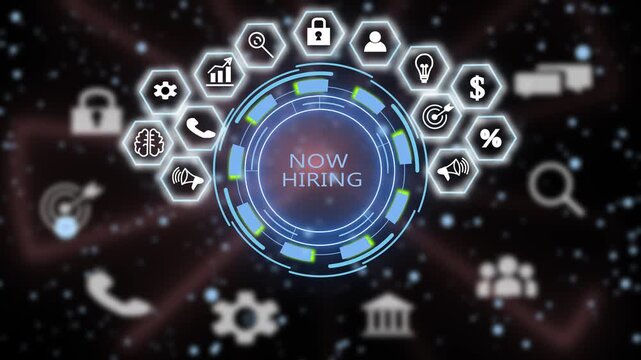 Dynamic now hiring digital interface with animated business and corporate recruitment symbols for human resources, talent acquisition, job search, and career development