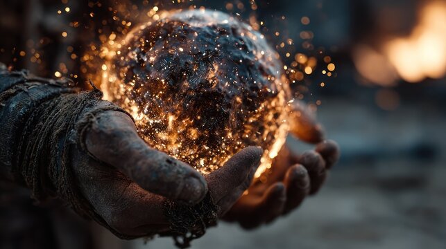 Rough hands holding a glowing orb emitting sparks and light
