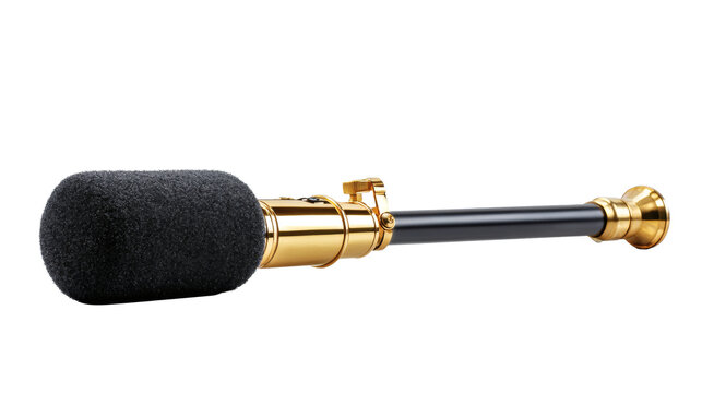 A boom microphone used in film recording, clean composition, isolated on a white background 