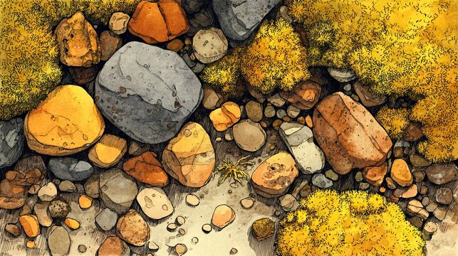 A top-down illustration of various rocks and pebbles surrounded by yellow moss or lichen on a sandy surface.