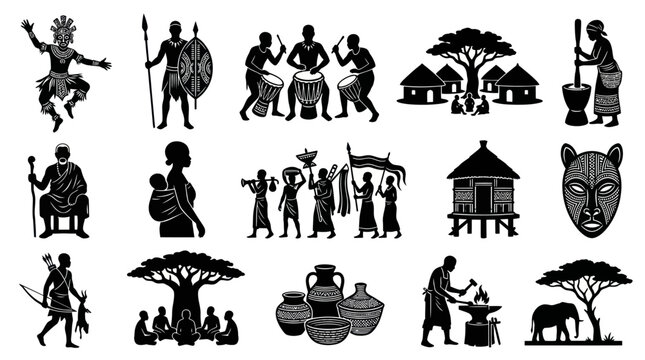 African Culture Silhouettes: Tribal Dance, Music, Village Life, Crafts, Mask