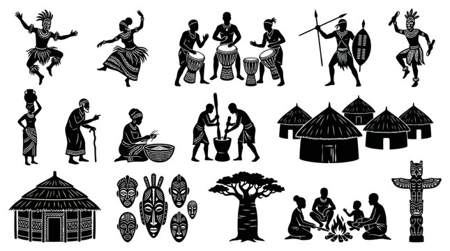 African Tribal Silhouettes: Culture, Dance, Music, Village Life, Art