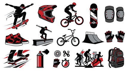 Naklejka premium Extreme Sports Vector Icons: Skateboard, BMX, Helmet, Gear Backpack