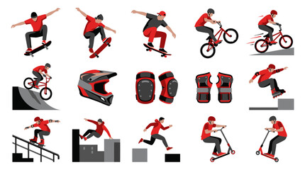 Naklejka premium Extreme Sports Vector Icons: Skateboarding, BMX, Scooter, Rollerblading, Parkour