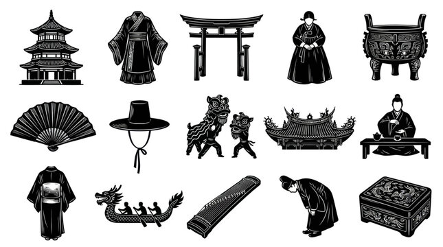 Black and White Asian Culture Icons: Pagoda, Kimono, Torii, Lion Dance, Dragon Boat, Zither