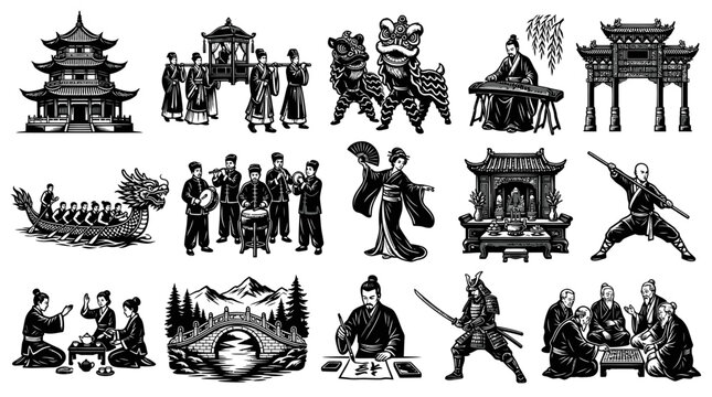 Vintage Black and White Engraving Style Asian Culture Vector Art: Pagoda, Samurai, Dragon Boat, Tea Ceremony, Lion Dance