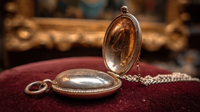 Ornate Tarnished Silver Locket Open and Empty on Velvet Surface