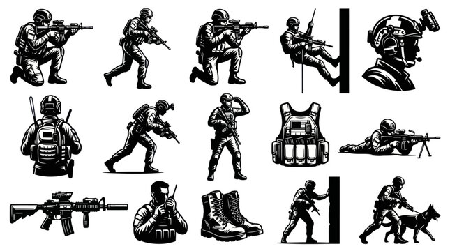 Military Soldiers Tactical Gear Black  White Line Art Vector Set for Army and Security Operations