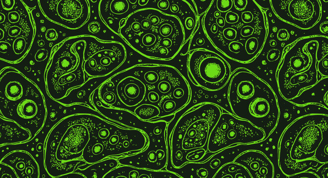 Seamless pattern of glowing green microscopic organisms or cells on a dark background, resembling biological structures or alien life forms.