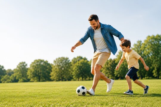 Father and Son Playing Soccer Together in Sunny Park