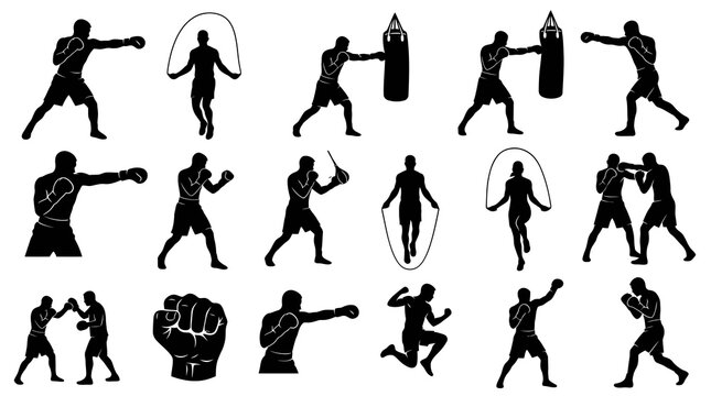 Sports and Fitness Boxing Training Silhouette Vector Icons Set. Boxers, Punching Bags, Skipping Ropes, and Fights.