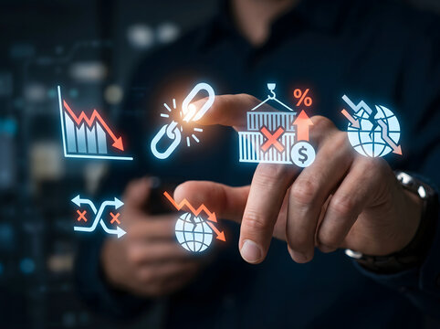 Professional analyzing global business risks and supply chain disruptions on a holographic interface, strategizing digital transformation