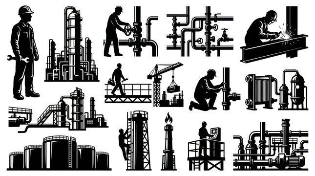 Oil and Gas Industry Workers and Equipment Black and White Glyph Icons Set