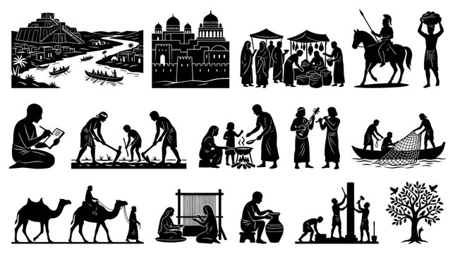 Ancient Civilizations, Daily Life, Agriculture, Market, Music, Fishing, Pottery, Tree, Black  White Silhouette