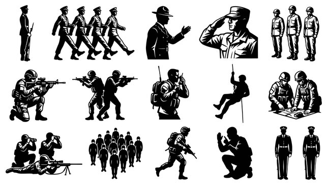 Military Personnel Vector Silhouettes: Soldiers, Officers, and Army Training in Black  White Line Art