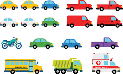 Naklejka premium Colorful cartoon transportation vehicle set with cars trucks bus ambulance motorcycle and delivery van icons