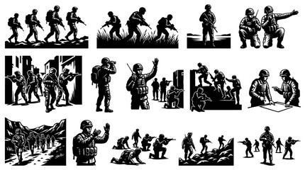 Naklejka premium Military Soldiers Vector Set, Black and White Action Poses