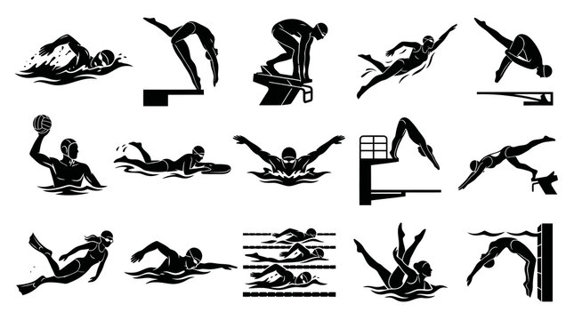 Black and White Silhouettes of Swimmers and Divers Performing Various Aquatic Sports