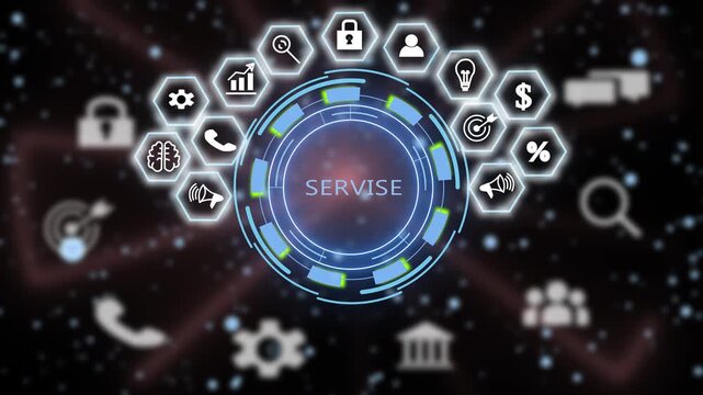 Digital business service concept featuring animated circular hud interface with glowing hexagonal for marketing strategy, customer support, financial growth, and