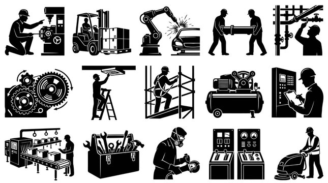 Black  White Industrial Icons: Manufacturing, Construction  Maintenance Vector Set