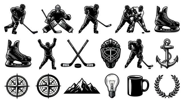 Black and White Vector Icons of Hockey and Nautical Elements